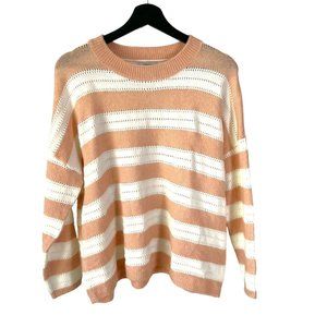 FRNCH Pink White Loose Knit Stripe Crew Neck Sweater Small Medium